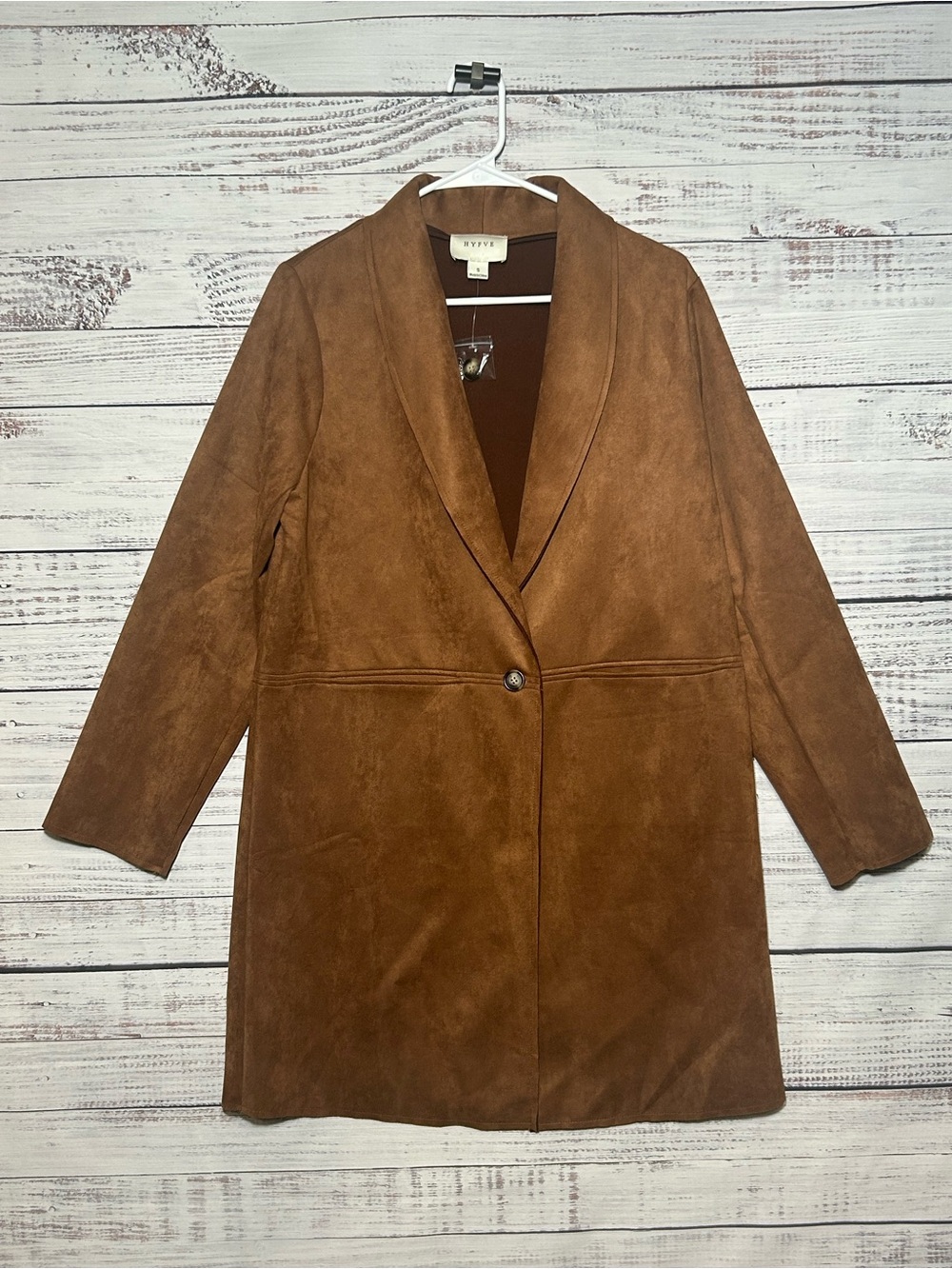 HYFVE faux suede long coat single button brown NWOT Small
